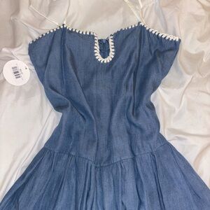 Denim Mini Dress with White Lace and Adjustable Straps